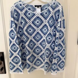 CHARLIE B Blue and White Geometric Crochet Long Sleeve Top XL/XXL